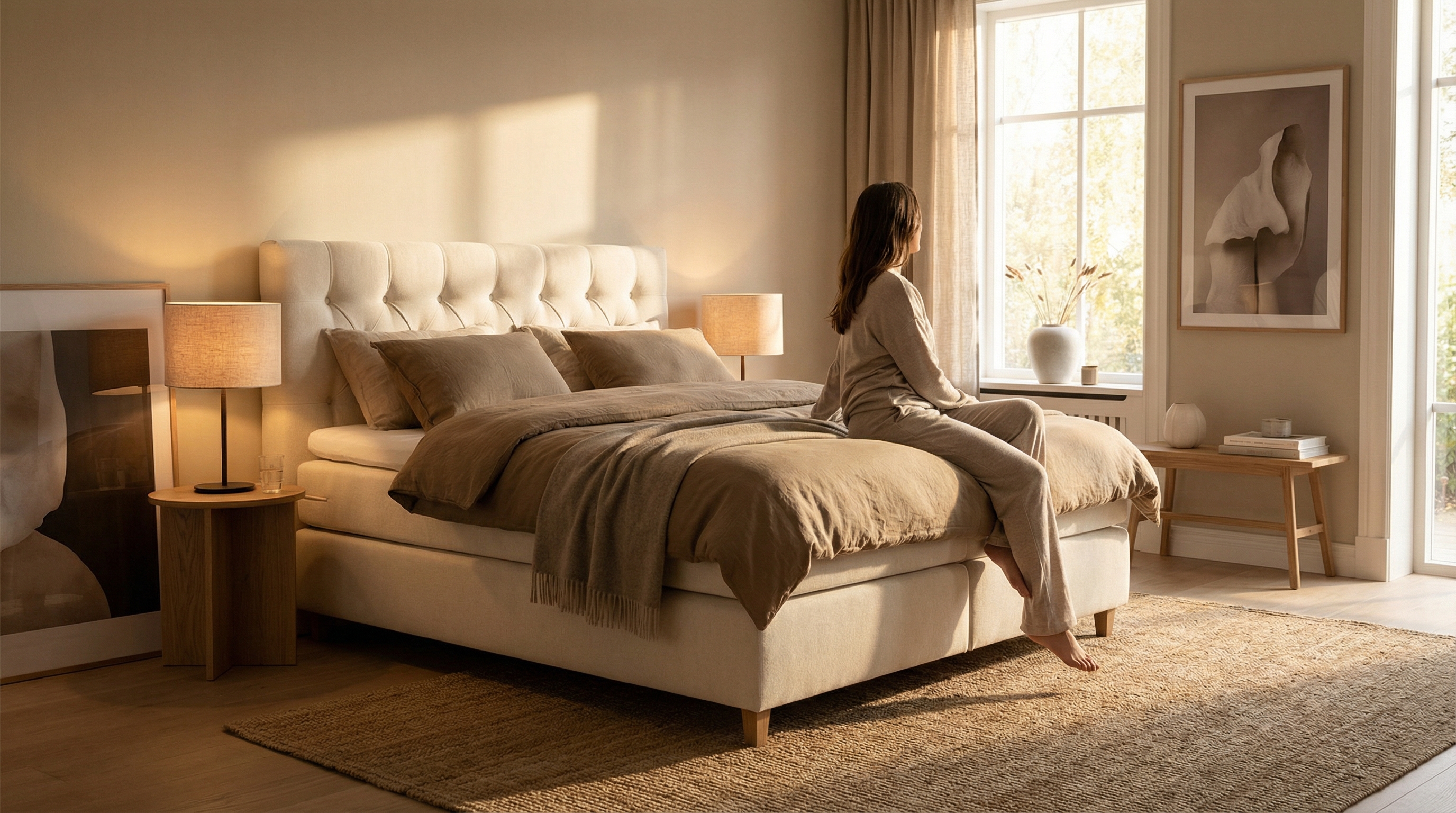 Elegantes Boxspringbett in hellem Schlafzimmer mit sanftem Morgenlicht.