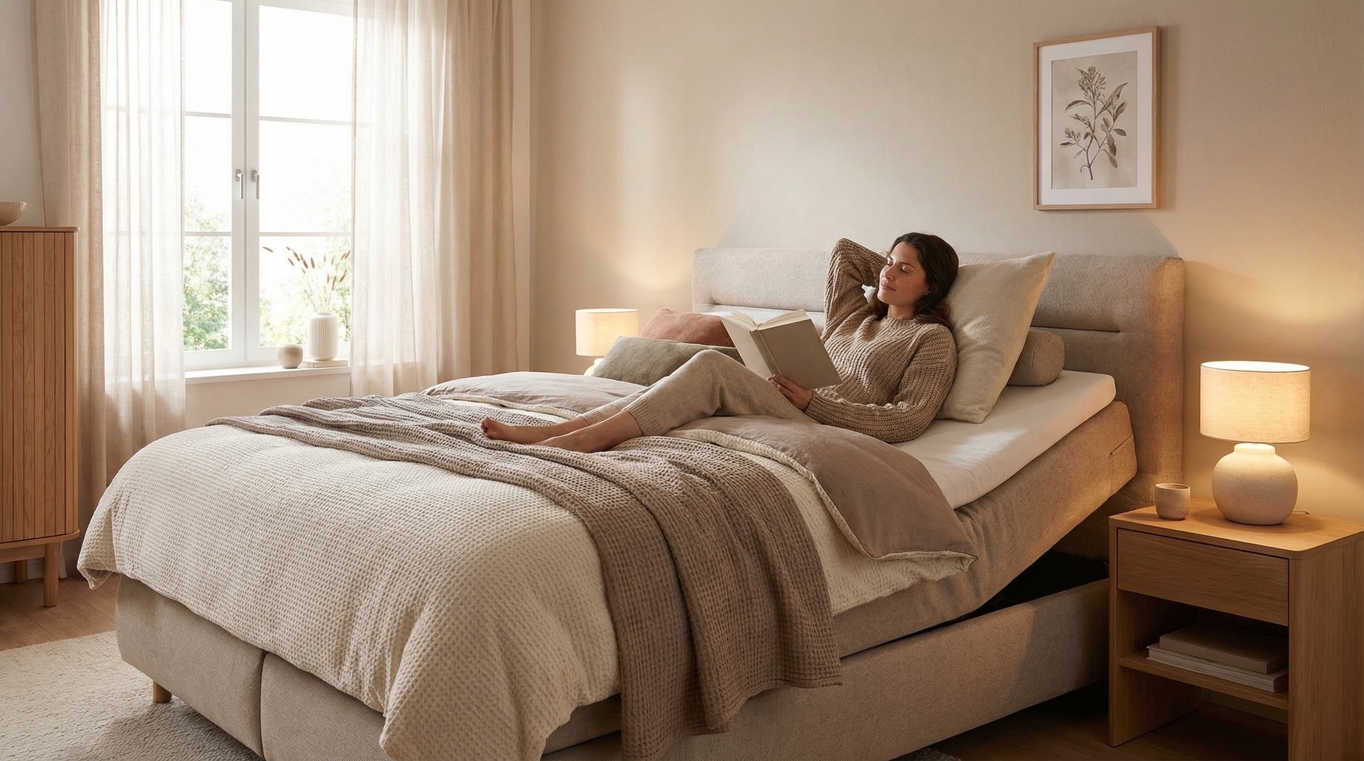 Lesen im Bett: Elektrisch verstellbares Kopfteil für bequeme Position.