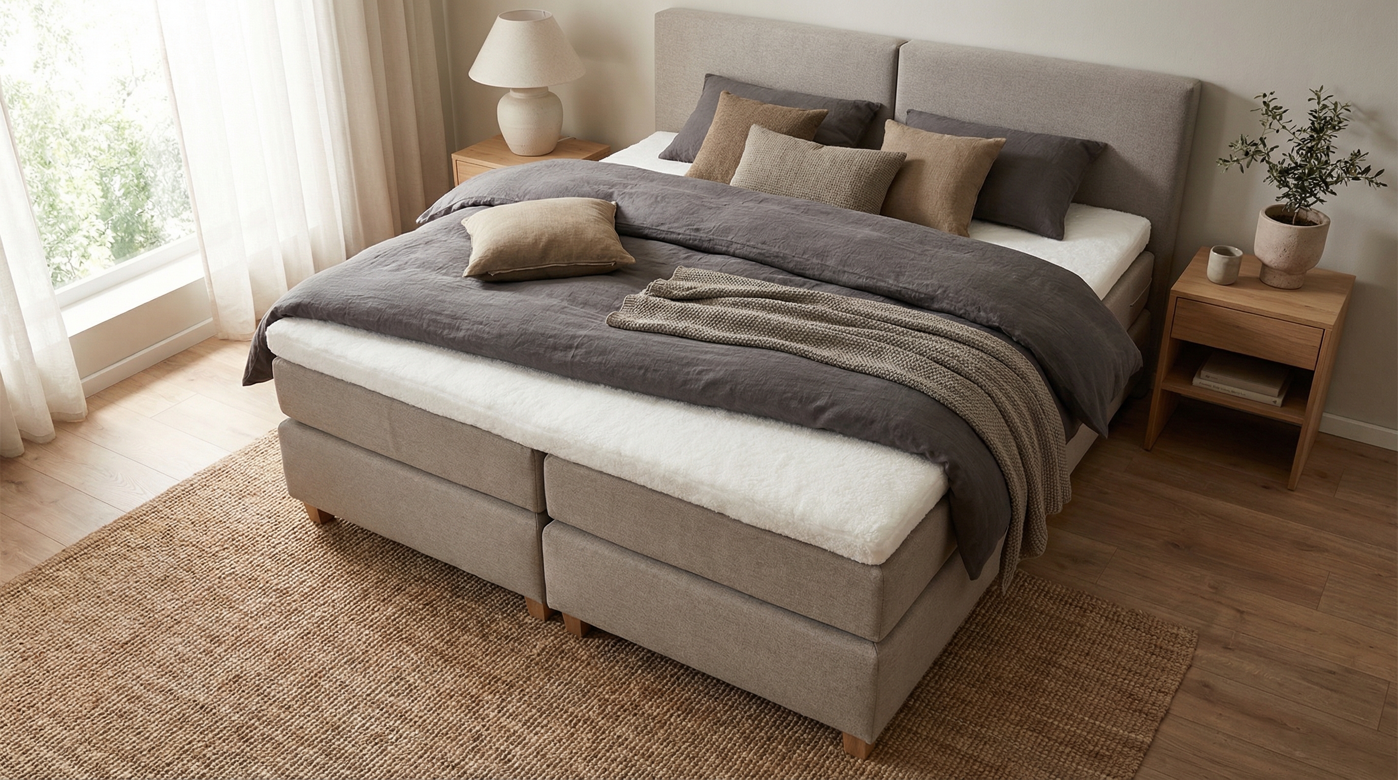 Boxspringbett 180x200 mit zwei Matratzen und Topper von oben.
