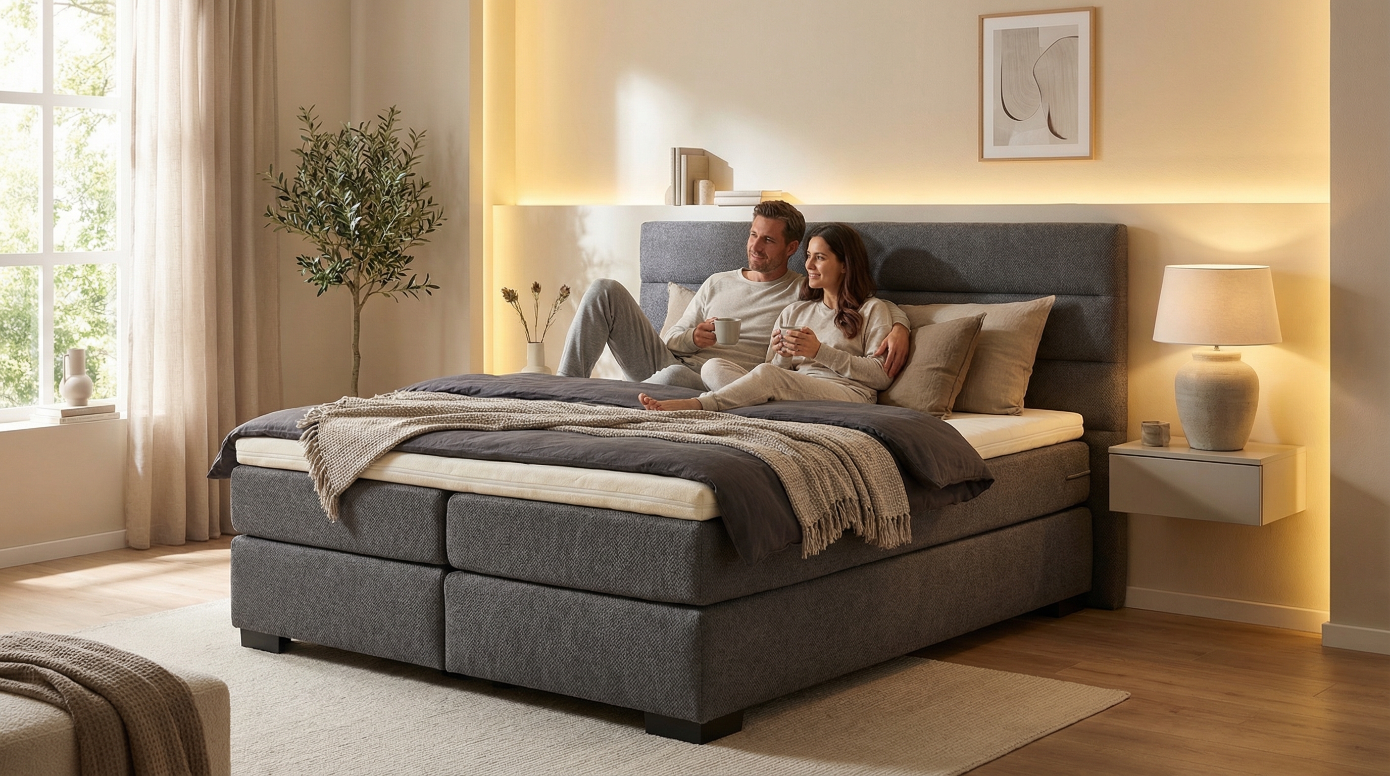 Paar im Boxspringbett mit getrennten Matratzen für individuellen Schlafkomfort.