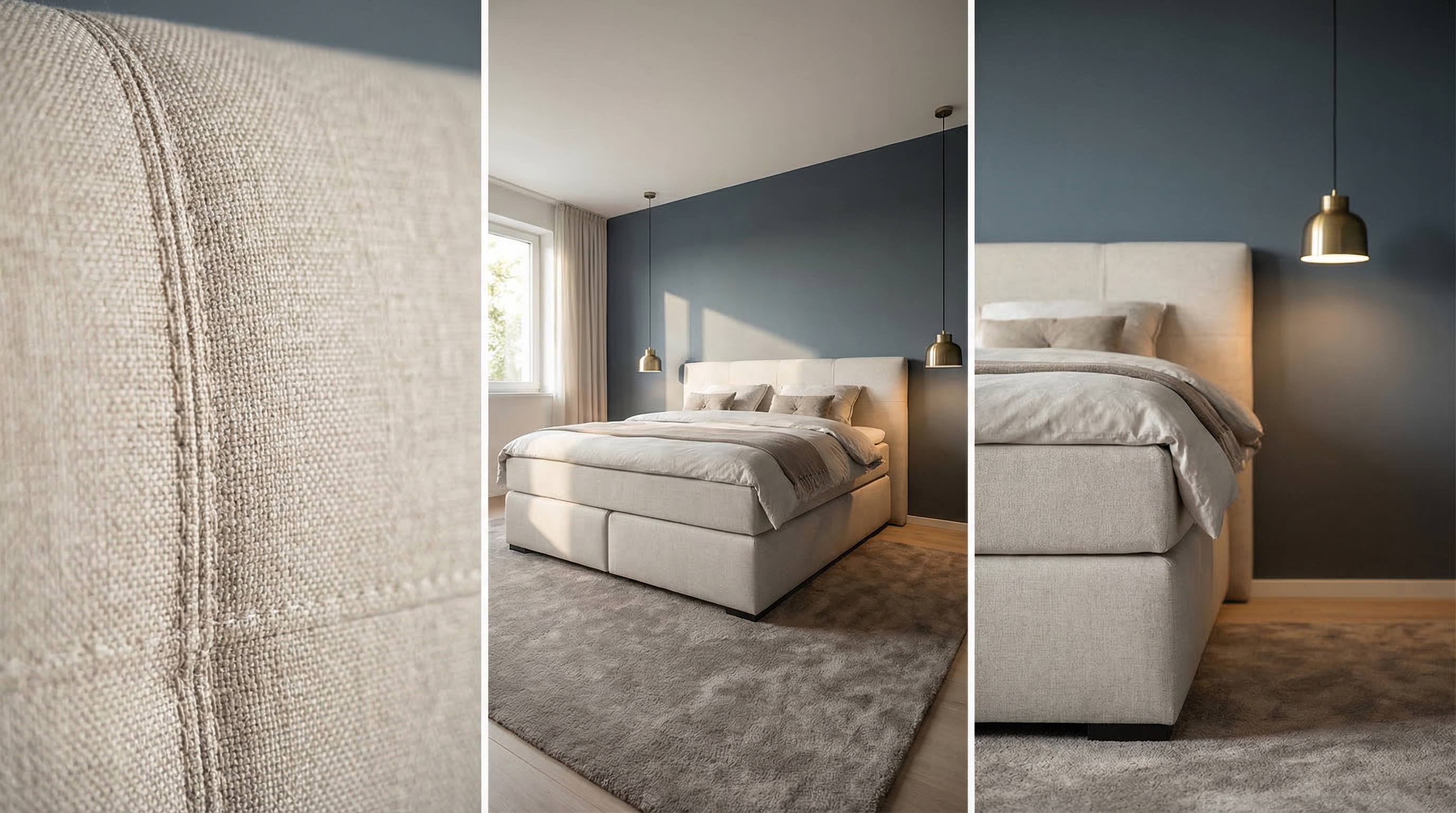 Bild: Schlafzimmer einrichten mit Boxspringbett: Nachttische, Beleuchtung, Teppiche und Wandgestaltung für Hotel-Feeling