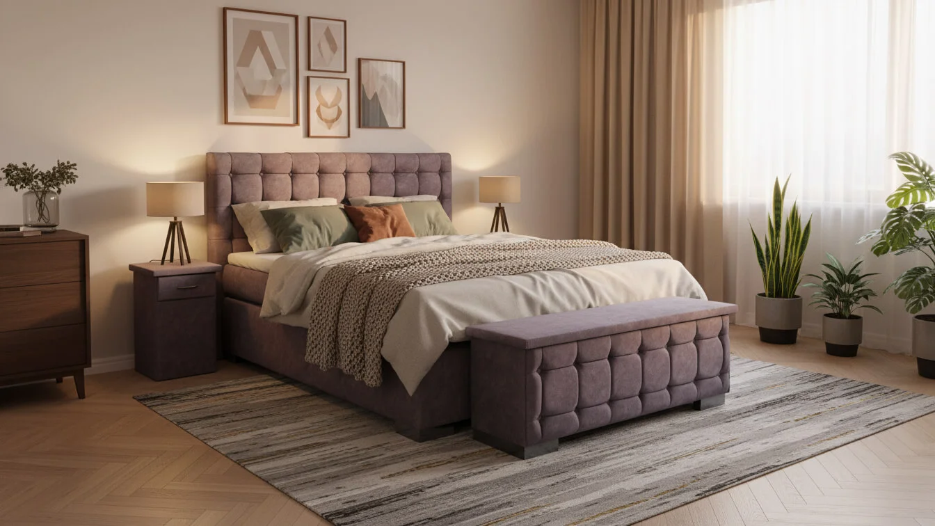 Bild: Schlafzimmer einrichten mit Boxspringbett: Nachttische, Beleuchtung, Teppiche und Wandgestaltung für Hotel-Feeling